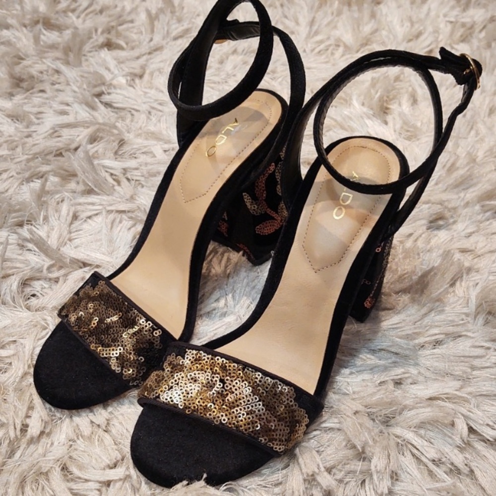 Aldo Sequin Block Heel with Black Suede Strap